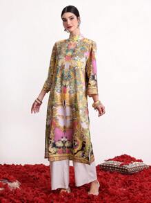 Divindia Loose Split Kurta With Stand Collar, Printed Style Indian - Multicolor - View 8
