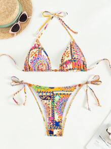 SHEIN Swim Summer Beach Women's Random Printed Knot Front Halter Neck Bikini Set - Multicolor - View 1