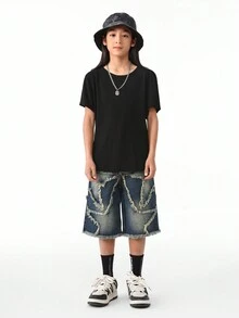 Tween Boy Street Style Laser Embroidery Retro Denim Shorts - Dark Wash - View 4
