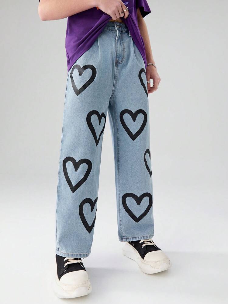 Teen Boys' Y2k Cool Kids Heart Print Low Waisted Oversized Half Elastic Baggy Jeans