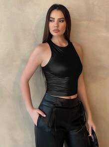 Aloruh 純色褶皺修身背心 - 黑色 - 查看 4