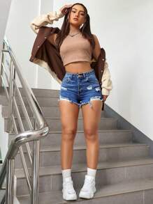 SHEIN EZwear High Waist Ripped Raw Trim Denim Shorts - Dark Wash - View 3