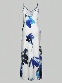 Bohemian Style Spaghetti Strap Dress, Women Summer Clothes, Business Casual Elegant Vacation - Blue and White - View 3