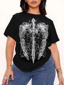 Flirla Plus Size Women's Gothic Style Dark T-Shirt - Black - View 1