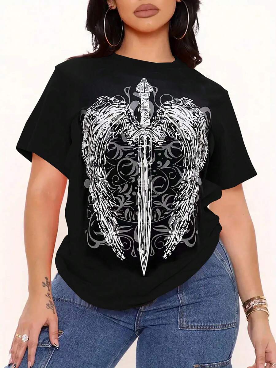 Flirla Plus Size Women's Gothic Style Dark T-Shirt - Black - View 1