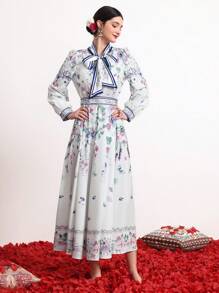 Mulvari Ladies' Floral Print Long Sleeve Button Front Belted Dress - Multicolor - View 4