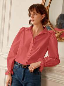 SHEIN Frenchy Solid Lace Trim Button Front Shirt
