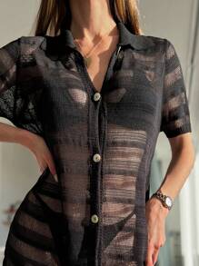 SHEIN Swim Summer 1pc Women's Short Sleeve Button Up Sheer Kimono - Black - View 3