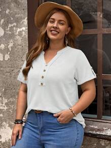 EMERY ROSE Plus Size Women's Solid V-Neck Casual Versatile Daily Wear Short Sleeve T-Shirt - White - View 4