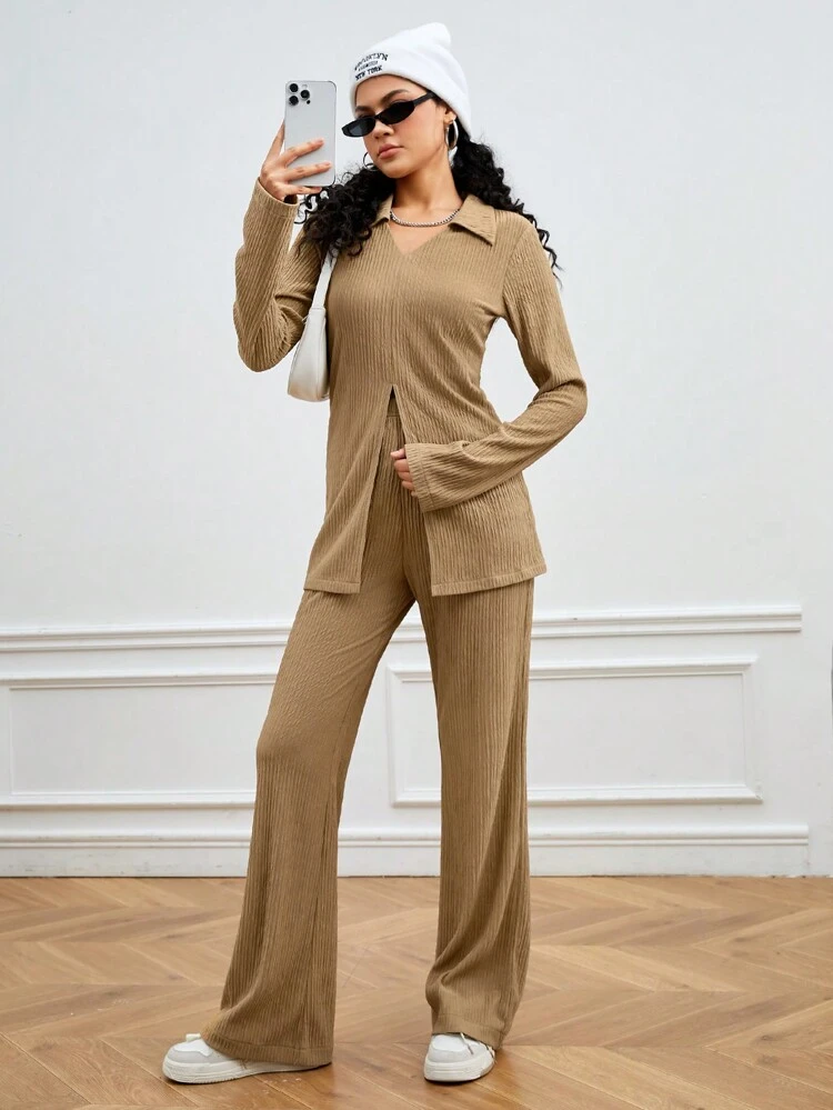 V-Neckline Long Sleeve Top With Side Slit And Sports Pants Set