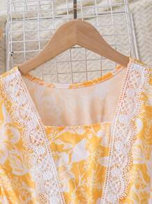 青少女花卉印花蕾絲拼接裙,適合夏日休閒度假穿著 - 黃色 - 查看 6