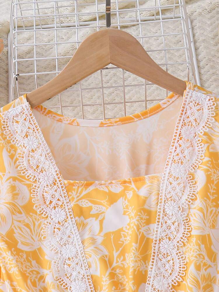 Teen Girls' Floral Printed Lace Patchwork Dress Suitable For Casual Vacation In Summer