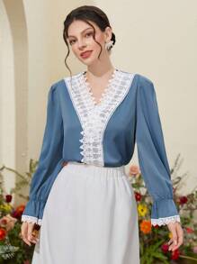 Mulvari Solid Color Lace Splicing Lantern Sleeve Shirt