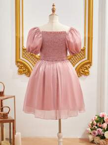 Tween Girls' Elegant & Cute 3d Rose Flower Puff Sleeve Dress (Size: L) - Pink - View 4