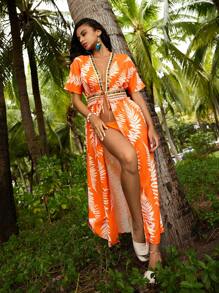 SHEIN Swim Áo choàng ngày lễ in họa tiết thực vật cho nữ có cổ và eo bằng ren mỏng manh - trái cam - Xem 6