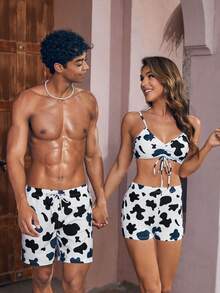 Manfinity 男款寬鬆牛印花束口短褲，適用於夏季沙灘 - 彩色 - 查看 8