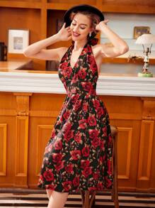 Vintamour 復古優雅鬆身玫瑰印花連衣裙，配有蝴蝶結領口和傘裙，適用於春夏復活節女裝夏季服裝 - 彩色 - 查看 7