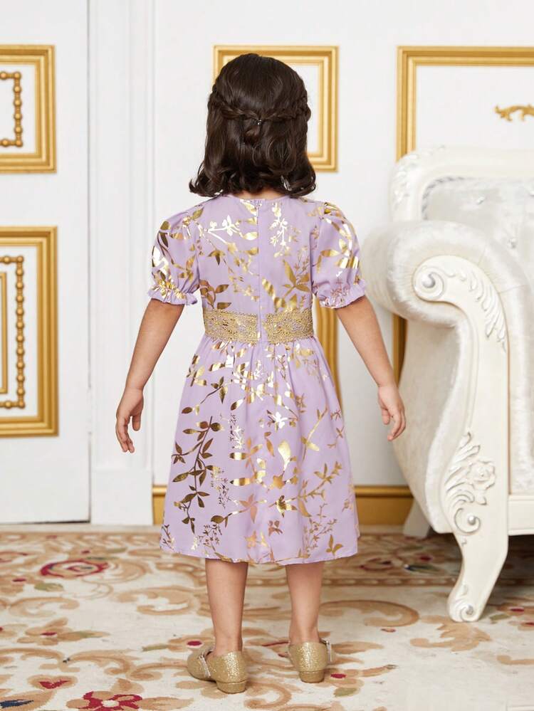 Young Girl's Elegant Patchwork Lace-Belted Print Dress For Summer Parties