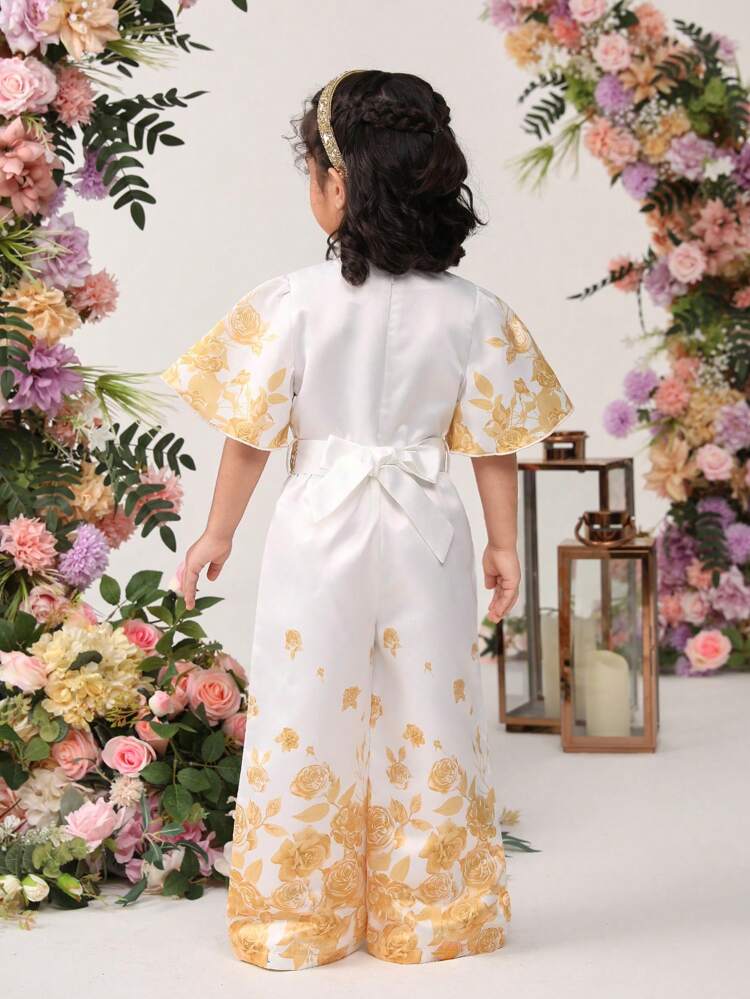 Young Girls' Cute V-Neck Palace Print Jumpsuit With Ruffle Sleeves And Weave Decorative Belt
