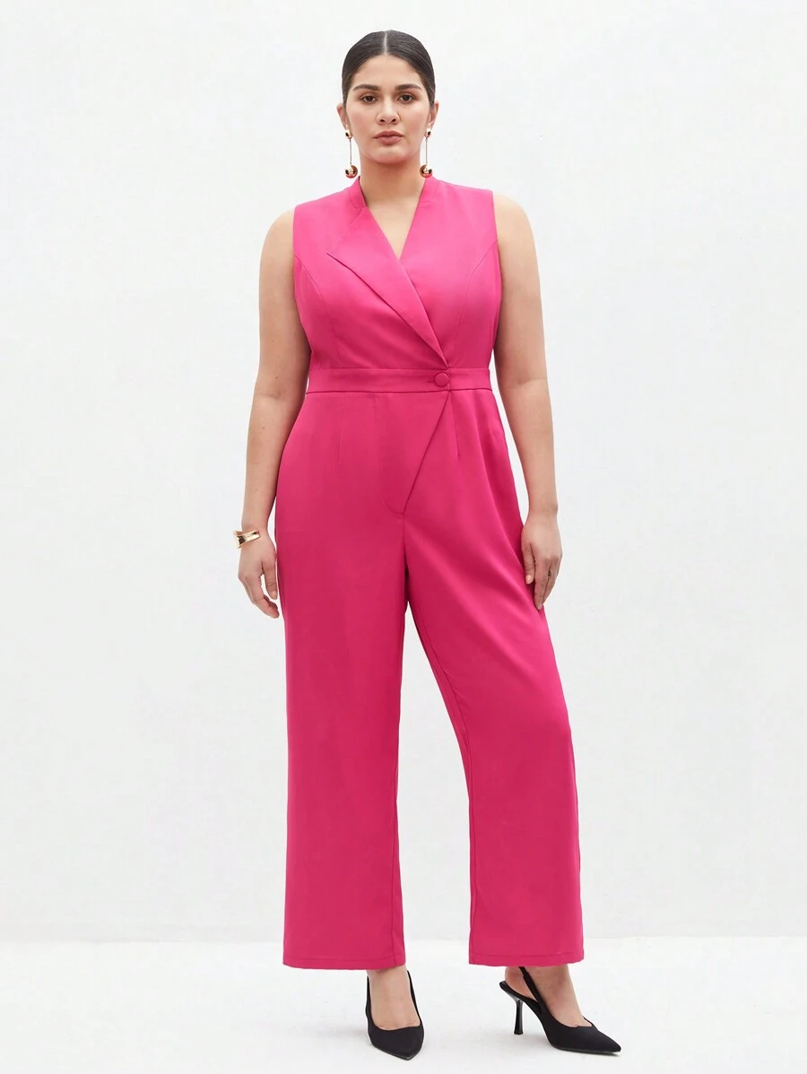BizChic Plus Size Plain Sleeveless Jumpsuit - Hot Pink - View 1