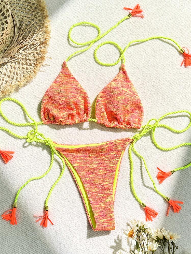 Women's Contrast Binding Knot Halter Bikini Set Summer