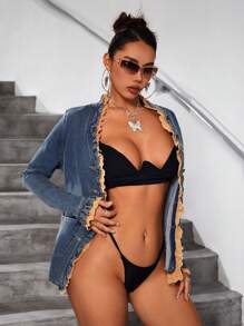 SHEIN ICON Women's Button-Front Denim Shirt - Blue - View 4