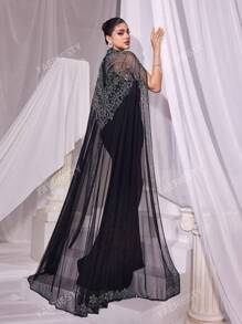 Faeriesty Vestido de noche de sirena de cuello alto elegante de Faeriesty con capa de malla adornada desmontable - Perfecto para galas de etiqueta negra, eventos de alfombra roja, bodas formales, cenas de gala y funciones benéficas opulentas