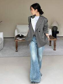 DAZY Women's Loose Fit Colorblock Lapel Blazer,Fall Women Clothes