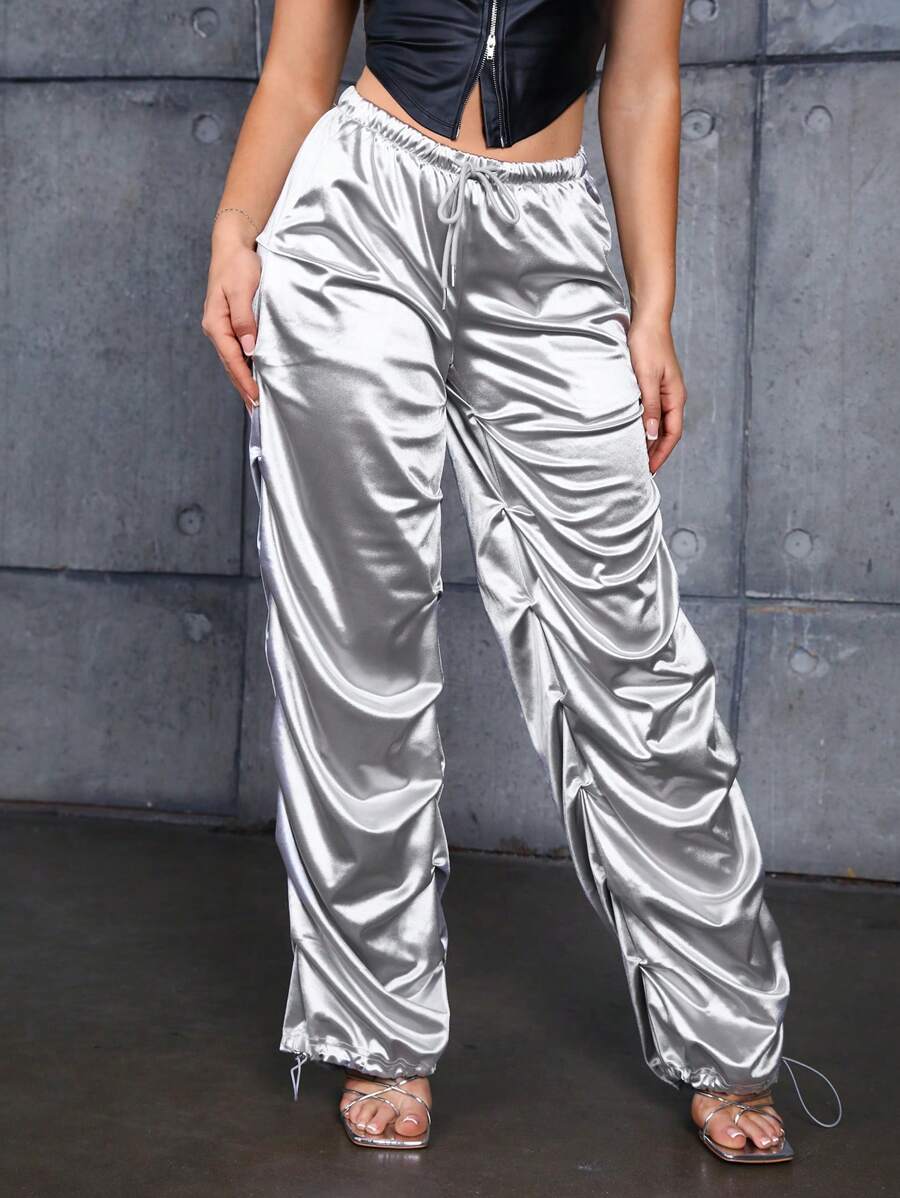 SHEIN ICON Low-Rise Glossy Parachute Pants