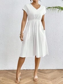 SHEIN Essnce 女士純色簡約v領連身裙 - 白色 - 查看 4