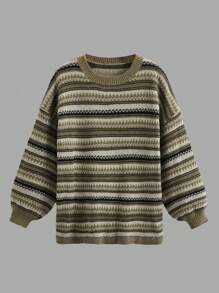Academia Striped Pattern Drop Shoulder Sweater - Green - View 2