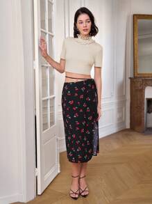 SHEIN Frenchy Maglietta Con Maniche Corte A Maglia Con Struttura A Coste Di Testura, Colore Solido Con Colletto A Volant - Albicocca - Visualizzare 8