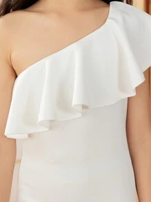 SHEIN Tween Girls' One-Shoulder Ruffle Trim Solid Color Dress - White - View 3
