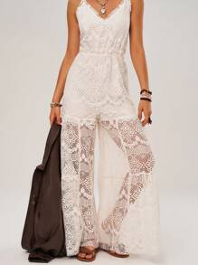 Bohemela Vacation Lace Spaghetti Strap Flared Jumpsuit - Apricot - View 4