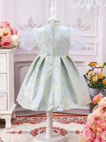 SHEIN Young Girl Jacquard Puff Sleeve Dress With Wide Hem - Mint Green - View 2