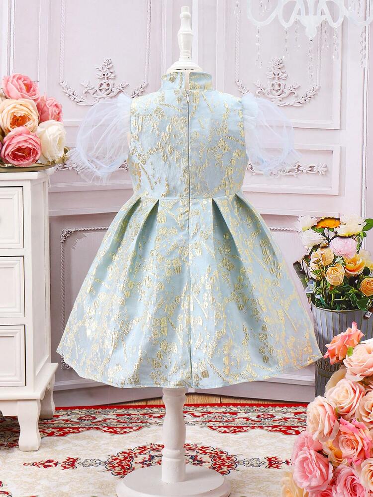 Young Girl Jacquard Puff Sleeve Dress With Wide Hem