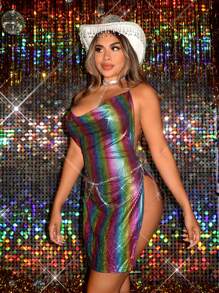 SHEIN SXY 彩虹色激光鍍面露背上衣吊帶連帽無袖連衣裙,高開叉設計,適用於音樂節派對 - 彩色 - 查看 6