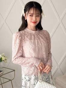 FRIFUL 女式立领蕾丝长袖透明衬衫 - 粉色 - 查看 1
