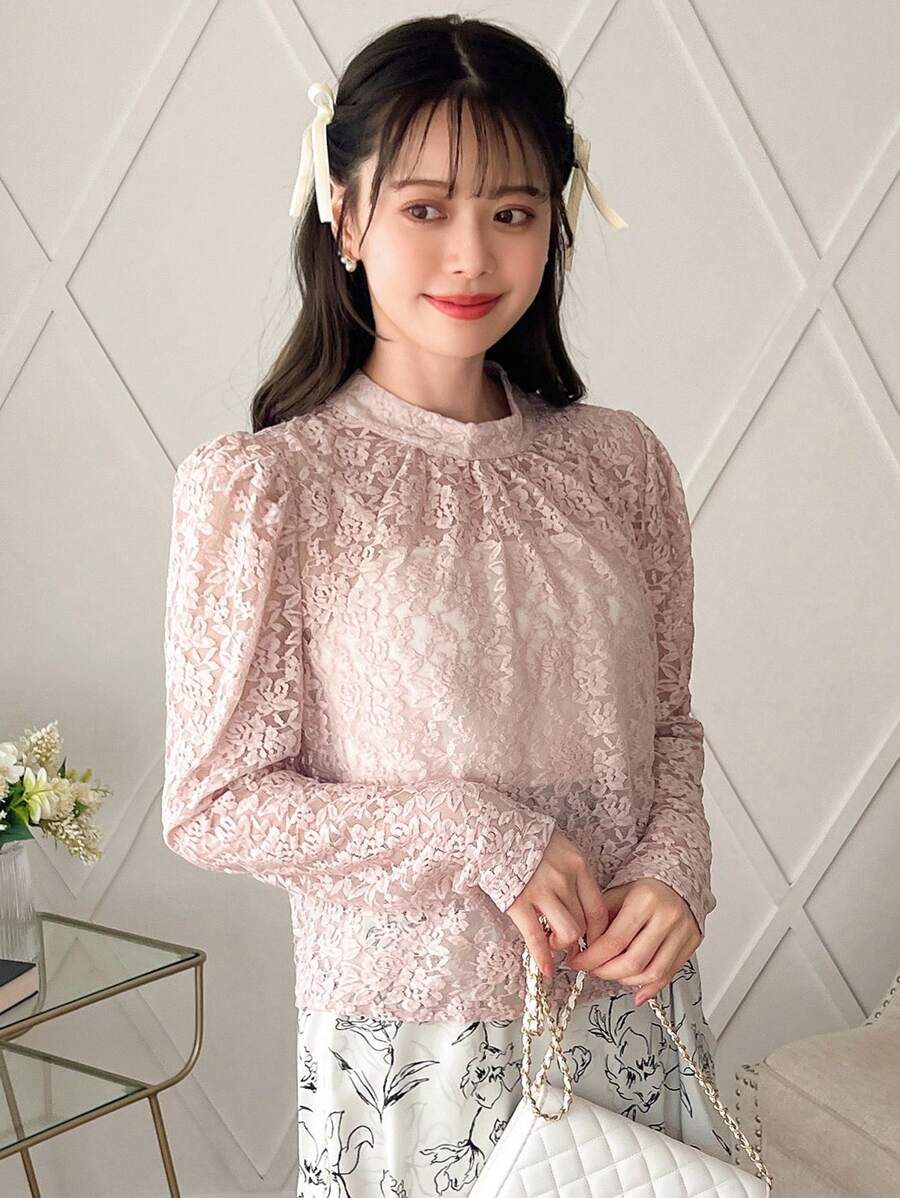 FRIFUL 女式立领蕾丝长袖透明衬衫 - 粉色 - 查看 1