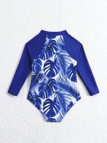 Baby Girl Tropical Printed Rash Guard One Piece Swimsuit With Zipper Front And Long Sleeves - Multicolor - View 2