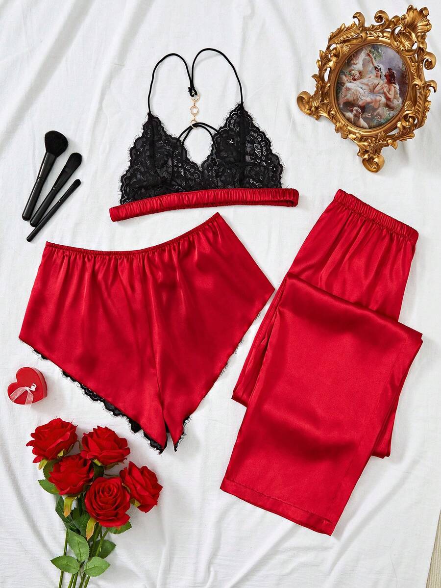 Conjunto De Pijama De 3 Piezas / Juego Con Camiseta De Tirantes De Encaje, Pantalones Cortos Y Pantalones De Satén, Con Botones Decorativos - Burdeos - Ver 1