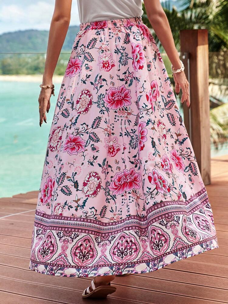 Vacation Elastic Waist Floral Print Asymmetric Hem Spring Skirt