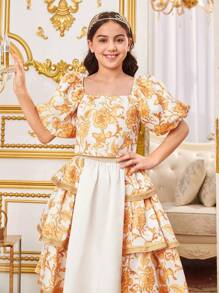 SHEIN Tween Girl Cute Bubble Sleeve Square Neck Cropped Shirt With Floral Print - Yellow - View 3