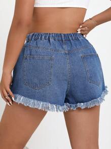 SHEIN EZwear Plus Size Frayed Hole Design Denim Mini Shorts Without Elasticity
