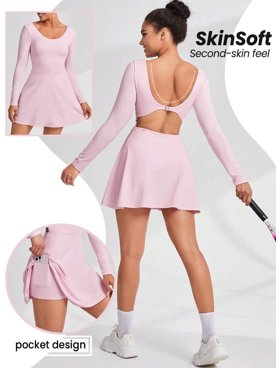 CourtClass Women's Hollow Out Back Long Sleeve Sports Dress,Women Tennis Outfitathletic Dress