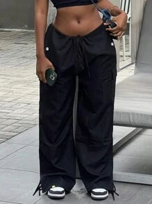 Street Vibes 90s Flap Pocket Drawstring Hem Cargo Parachute Trousers - Black - View 3
