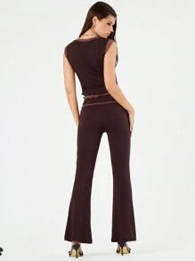 Forever 21 Women's Letter Printed Round Neck Mesh Top And Flared Trousers Set - Brown - View 2