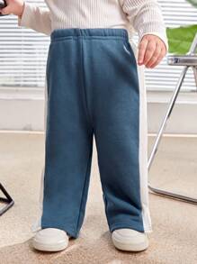SHEIN Baby Boys' Side Seam Contrast Splice Wide-Leg Pants With Side Slit - Blue - View 3