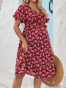 SHEIN Maternity Ditsy Floral Print Batwing Sleeve Dress - Red - View 5