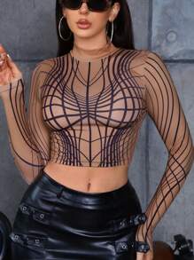 SHEIN ICON Y2k線條印花修身款短袖t恤 - 彩色 - 查看 5